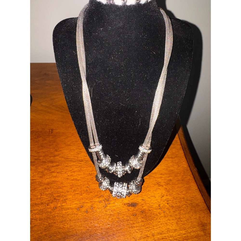 Chicos Silver Tone Mesh Double Strand Necklace with Rhinestone Charms - Picture 6 of 8